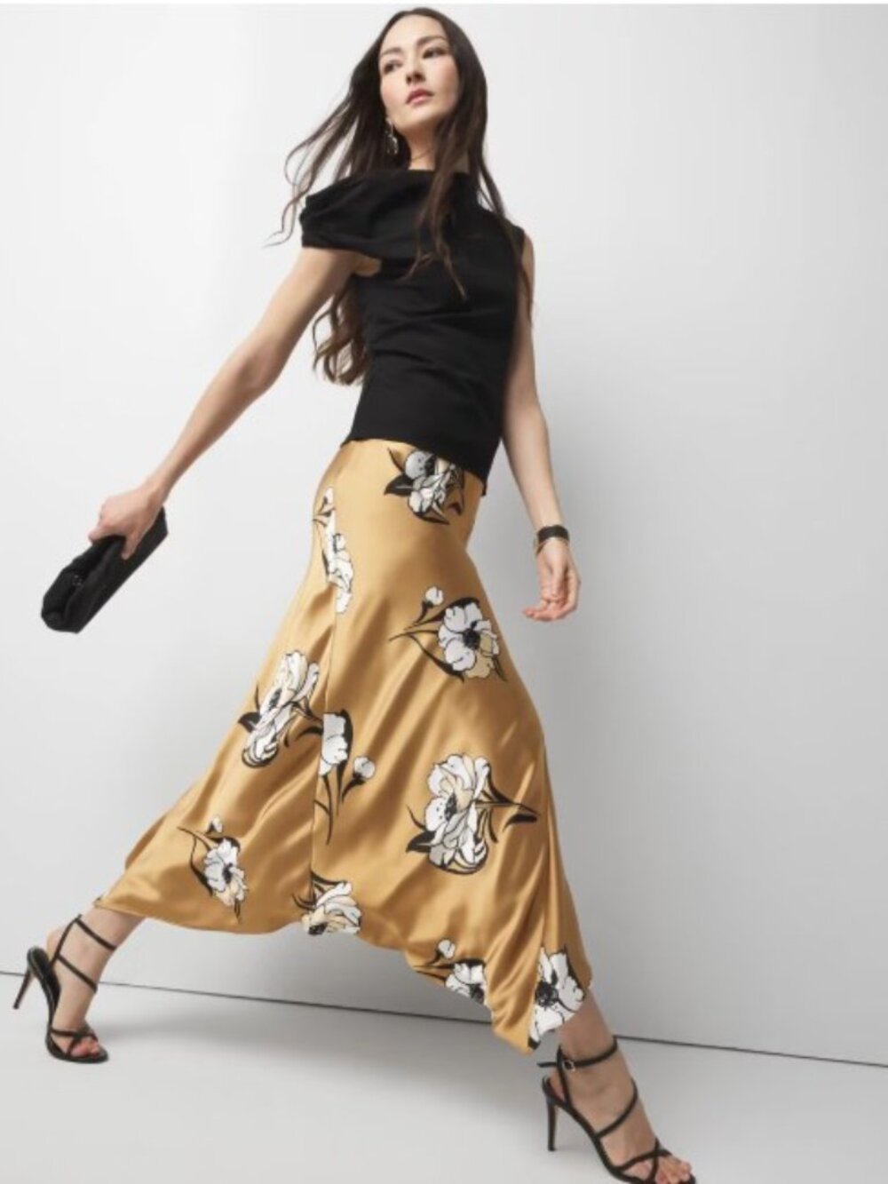 WHBM Floral Satin Midi Skirt Size 2